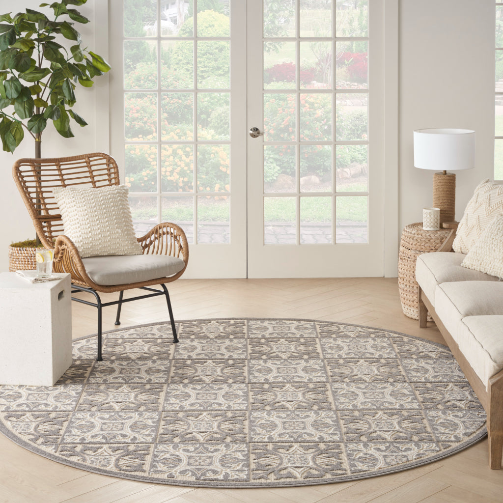 Nourison Home Aloha ALH34 Machine Made Multicolor Round Area Rug - Stain Resistant Low Pile Rug with Gray Ornate Geometric Pattern-