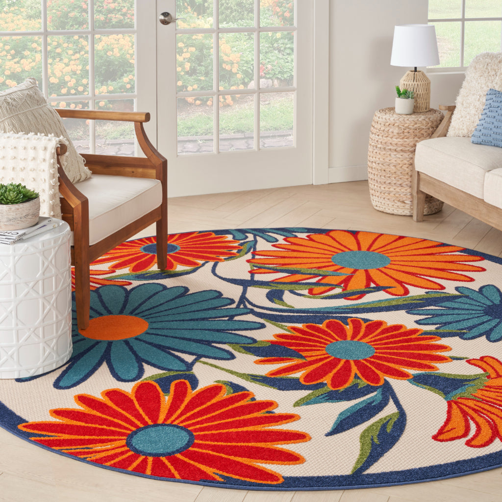 Nourison Home Aloha ALH33 Machine Made Multicolor Round Area Rug - Stain Resistant Indoor &amp; Outdoor Low Pile Rug with Colorful Floral Design