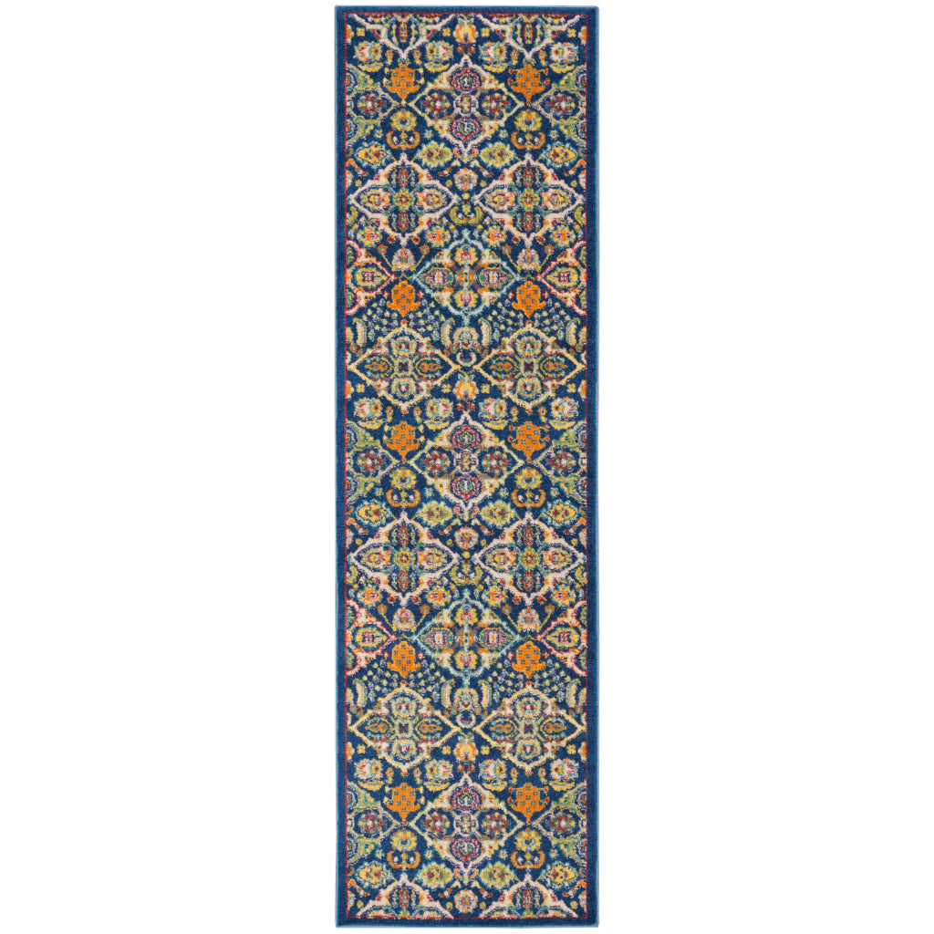 Nourison Home Allur ALR03 Power Loomed Multicolor Runner - Indoor Low Pile Bohemian Style Runner in Dark Blue Background-