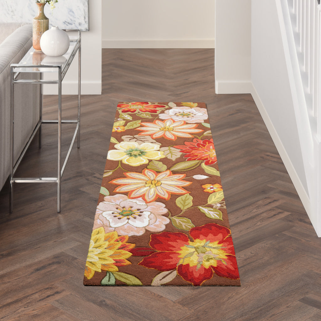 Nourison Home Fantasy FA18 Multicolor Indoor Runner - Hand Hooked Medium Pile Floral Runner with Brown Background