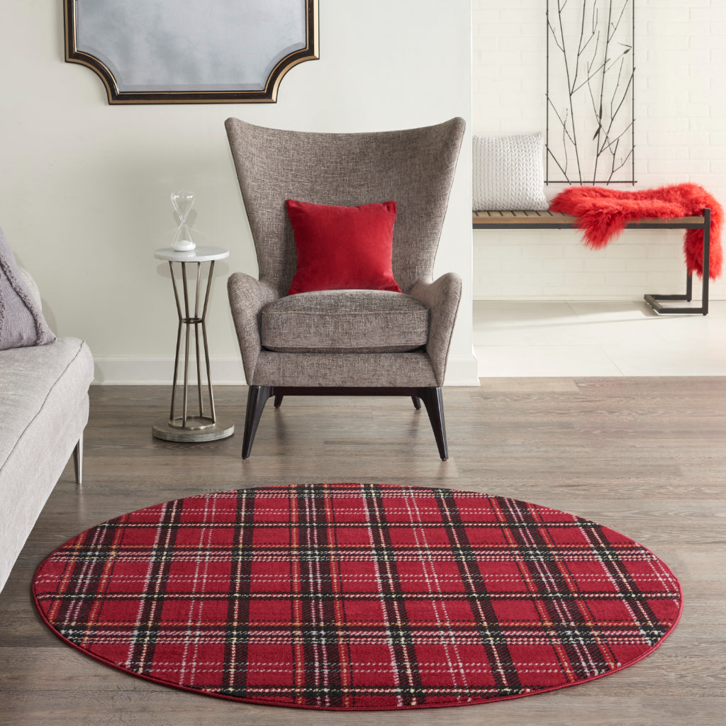 Nourison Home Grafix GRF03 Red Round Indoor Area Rug - Power Loomed Medium Pile Plaid Rug-