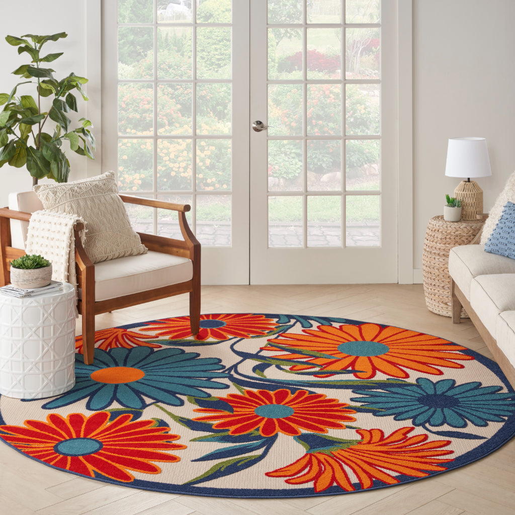 Nourison Home Aloha ALH33 Machine Made Multicolor Round Area Rug - Stain Resistant Indoor &amp; Outdoor Low Pile Rug with Colorful Floral Design