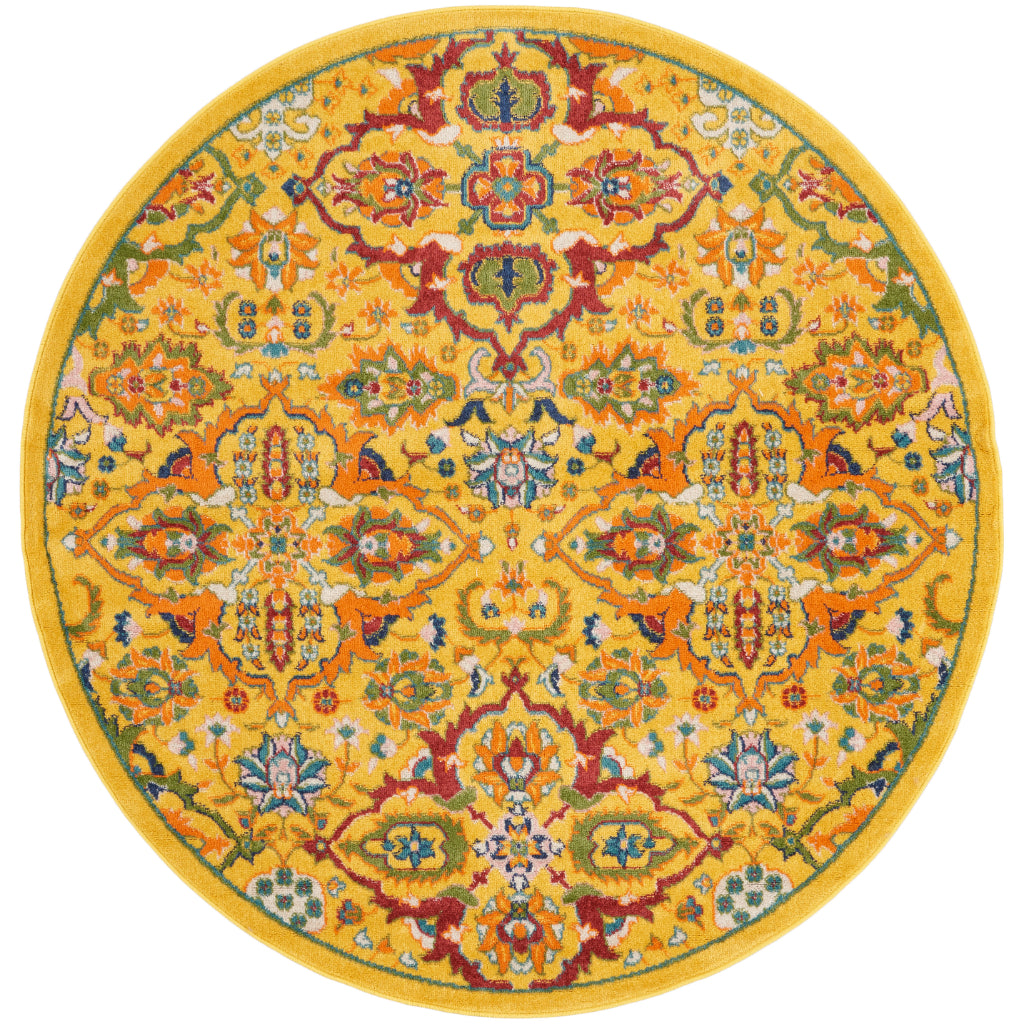 Nourison Home Allur ALR03 Power Loomed Multicolor Round Area Rug - Indoor Low Pile Bohemian Style in Yellow Background-