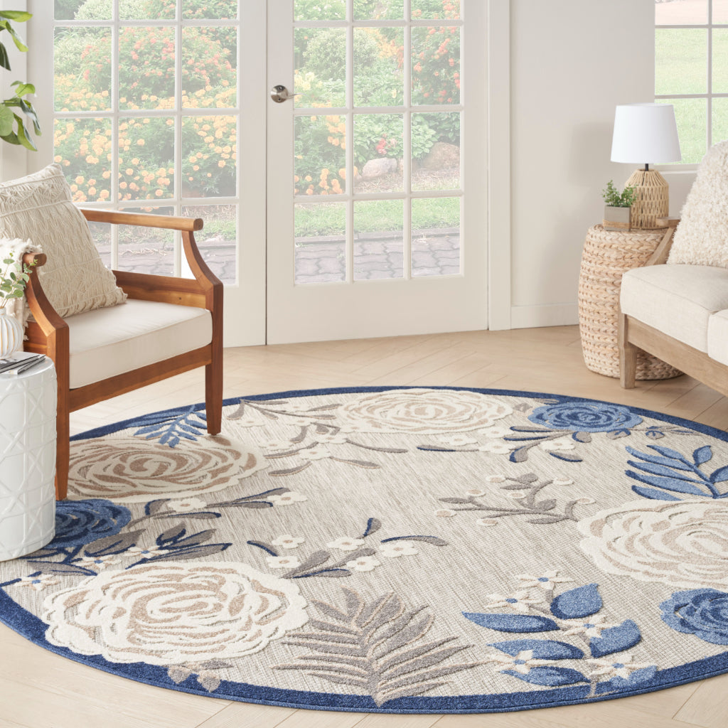 Nourison Home Aloha ALH32 Machine Made Multicolor Round Area Rug - Stain Resistant Indoor &amp; Outdoor Low Pile Rug with Blue-Gray Floral Design