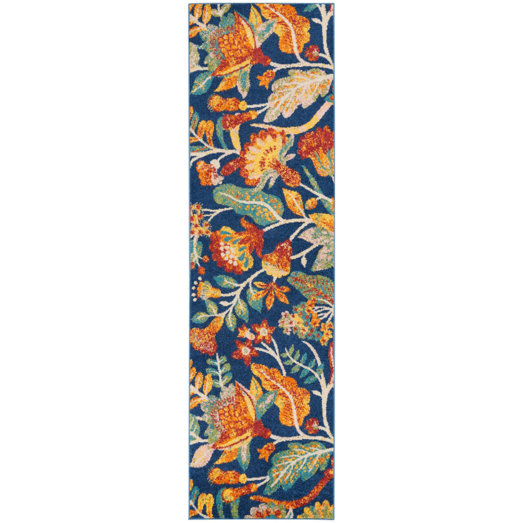 Nourison Home Allur ALR09 Multicolor Runner - Power Loomed Indoor Low Pile Floral Design Runner with Dark Blue Background