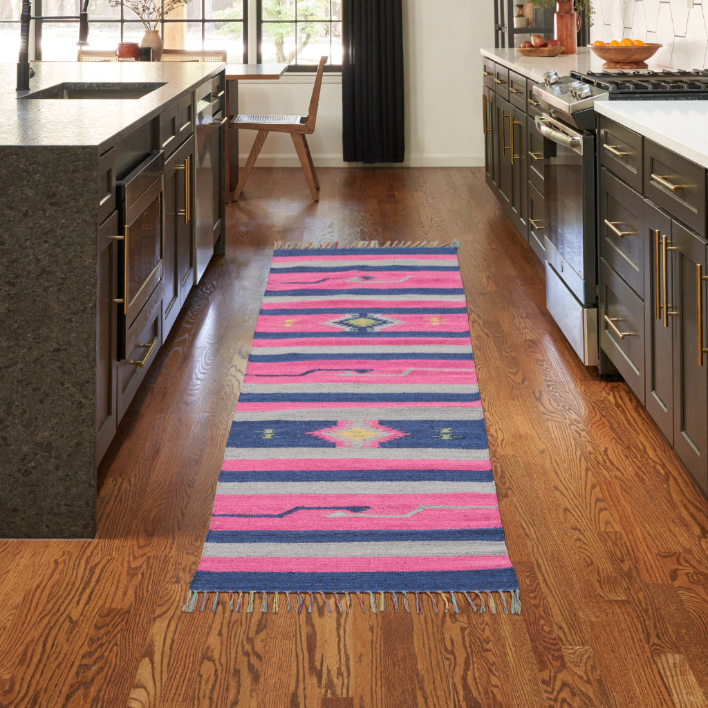Nourison Home Baja BAJ01 Handmade Multicolor Runner - Reversible Indoor Runner with Pink & Blue Stripes-