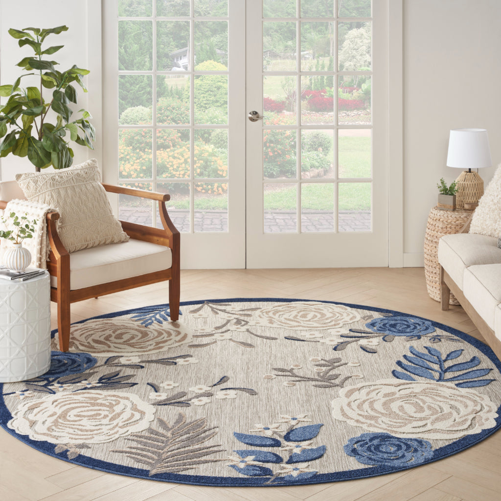 Nourison Home Aloha ALH32 Machine Made Multicolor Round Area Rug - Stain Resistant Indoor &amp; Outdoor Low Pile Rug with Blue-Gray Floral Design