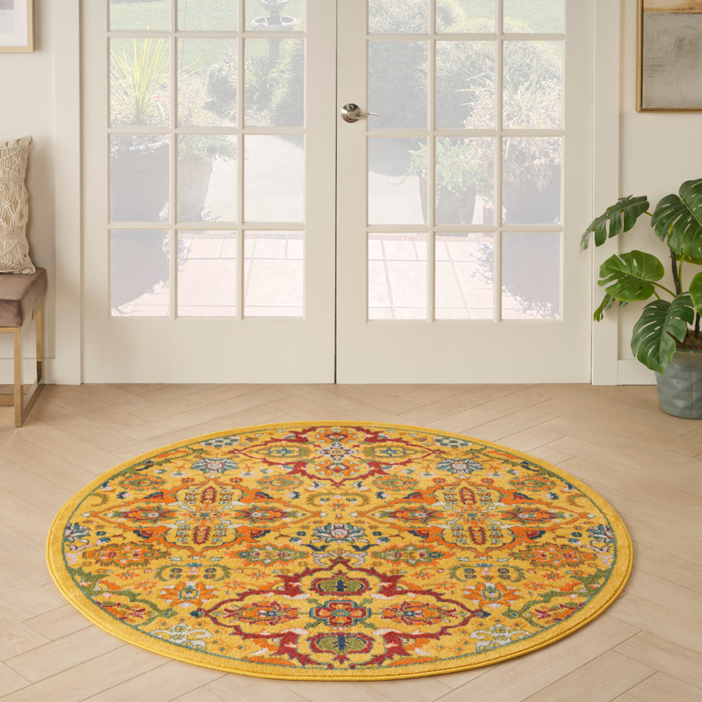 Nourison Home Allur ALR03 Power Loomed Multicolor Round Area Rug - Indoor Low Pile Bohemian Style in Yellow Background-