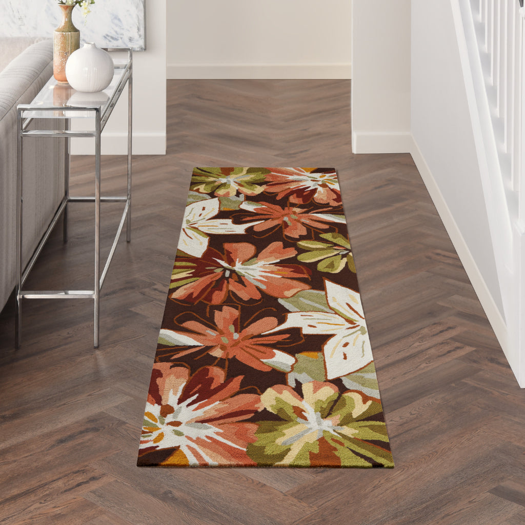 Nourison Home Fantasy FA16 Multicolor Indoor Runner - Hand Hooked Low Pile Floral Runner with Dark Brown Background-