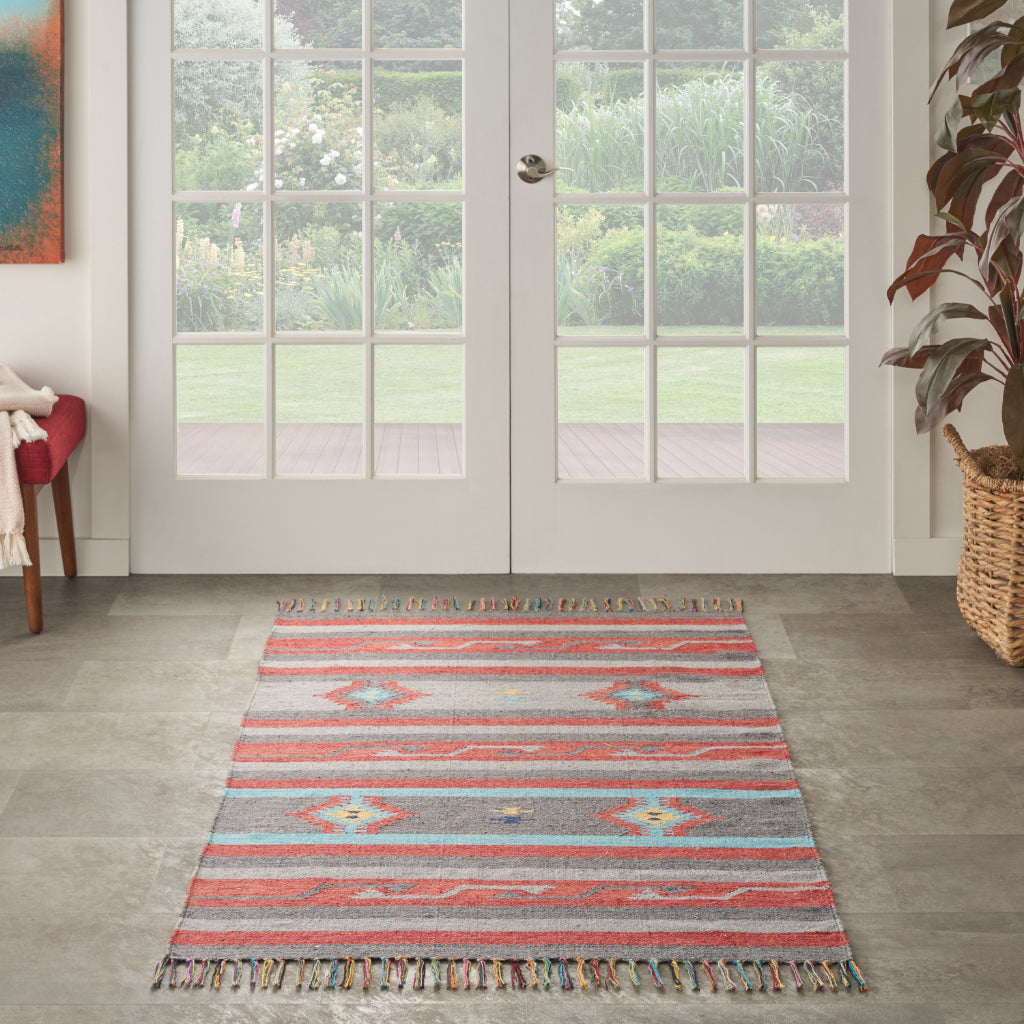 Nourison Home Baja BAJ01 Handmade Multicolor Rectangle Area Rug - Reversible Indoor Rug with Gray & Red Stripes-