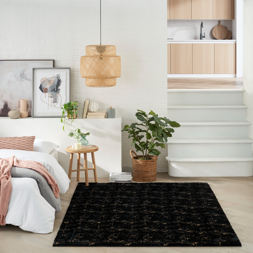 Nourison Home Cozy Shimmer CSH01 Black Indoor Rectangle Shag Rug - Glam Hand Tufted High Pile Rug-