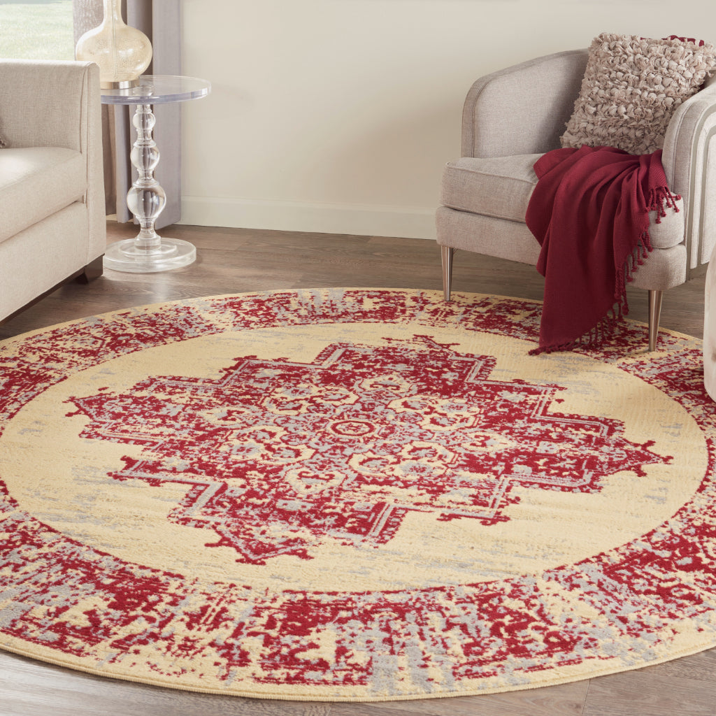 Nourison Home Grafix GRF14 Two-Color Indoor Round Area Rug - Vintage Style Power-Loomed Medium Pile Rug with Shades of Cream &amp; Red