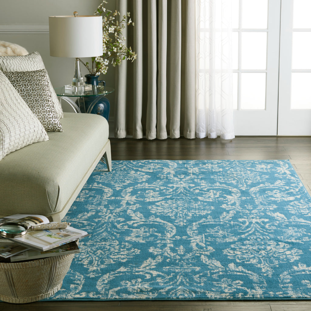 Nourison Home Jubilant JUB09 Blue Rectangle Indoor Area Rug - Classic Damask Pattern Medium Pile Rug