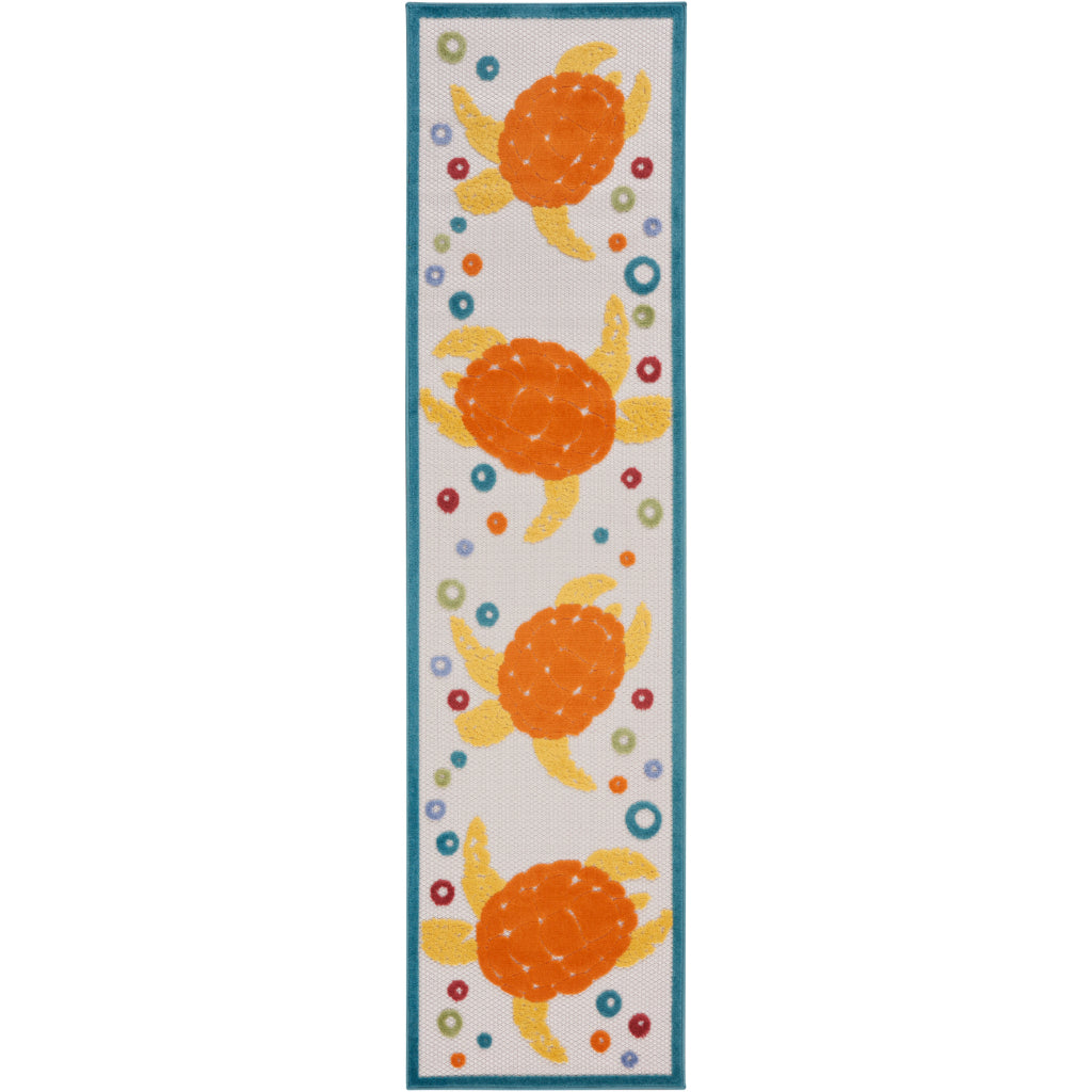 Nourison Home Aloha ALH27 Multicolor Runner - Stain Resistant Indoor / Outdoor Runner with Orange Sea Turtles Design-