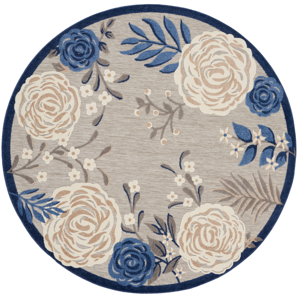 Nourison Home Aloha ALH32 Machine Made Multicolor Round Area Rug - Stain Resistant Indoor & Outdoor Low Pile Rug with Blue-Gray Floral Design-