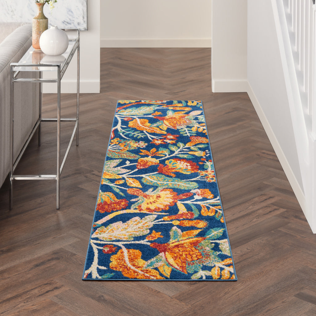 Nourison Home Allur ALR09 Multicolor Runner - Power Loomed Indoor Low Pile Floral Design Runner with Dark Blue Background-