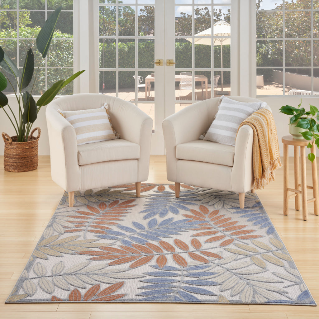 Nourison Home Aloha ALH18 Machine Made Multicolor Rectangle Area Rug - Stain Resistant Indoor & Outdoor Low Pile Floral Rug with Brown Background-