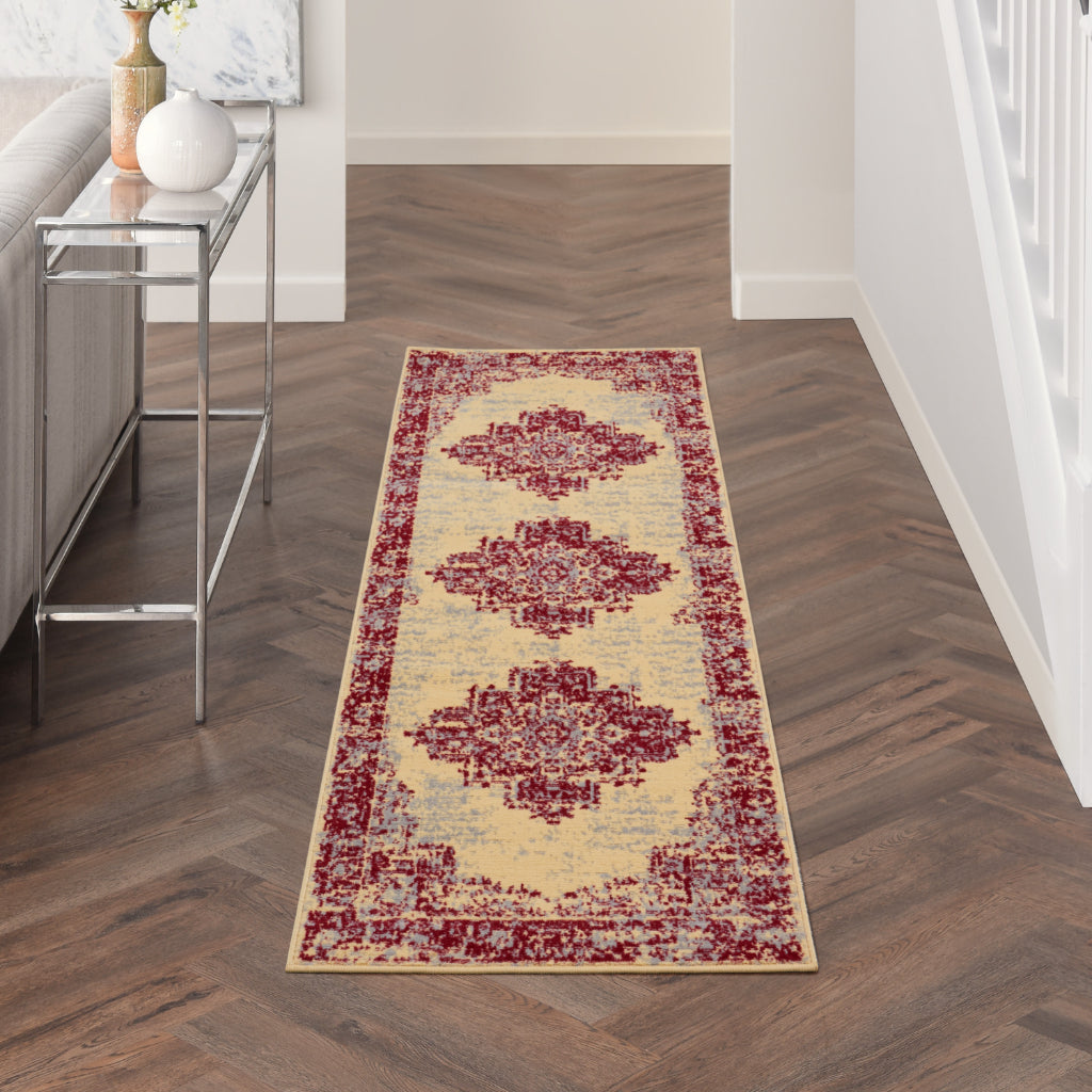 Nourison Home Grafix GRF14 Two-Color Indoor Runner - Vintage Style Power-Loomed Medium Pile Runner with Shades of Cream & Red-
