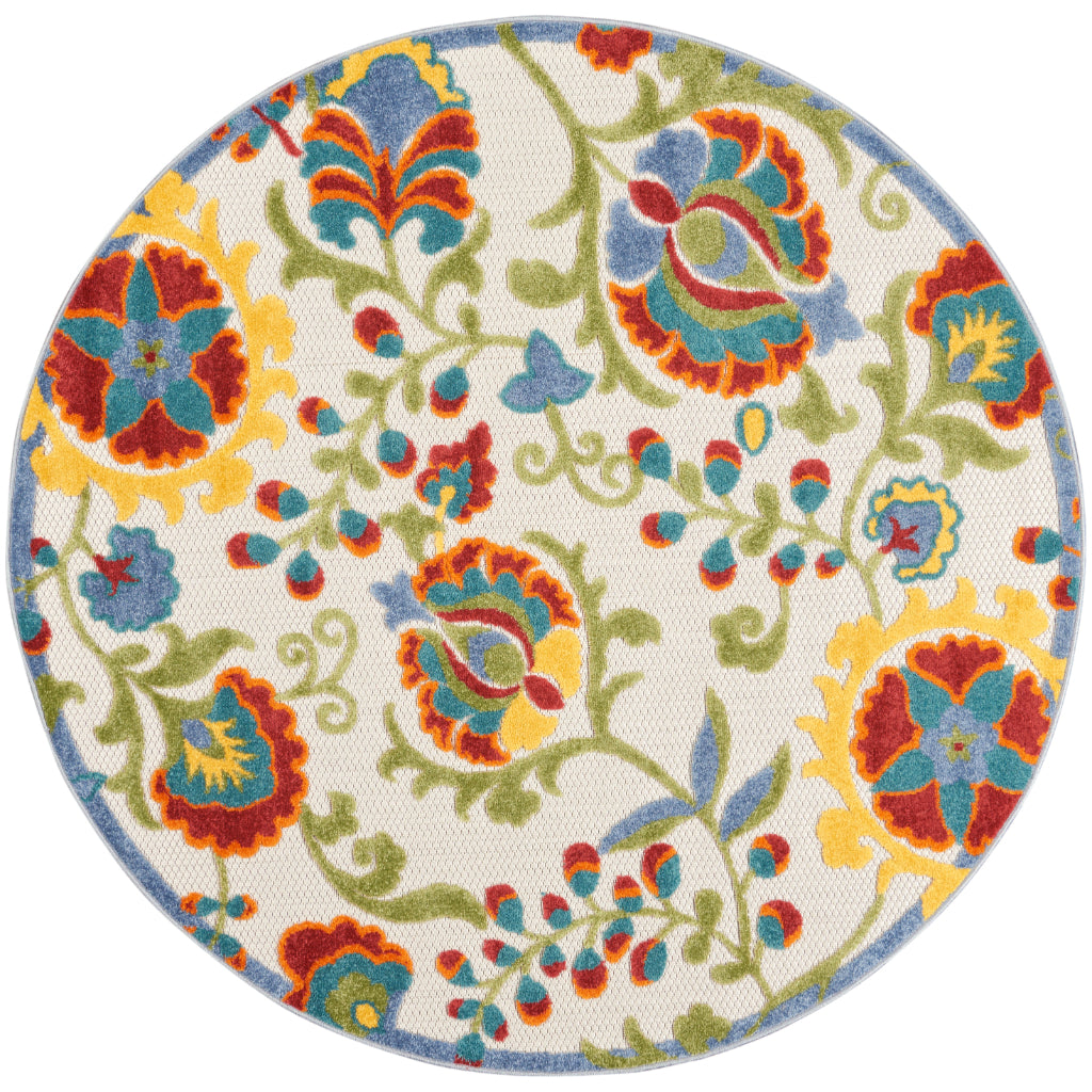 Nourison Home Aloha ALH17 Machine Made Multicolor Round Area Rug - Stain Resistant Indoor & Outdoor Low Pile Floral Rug with Ivory Background-