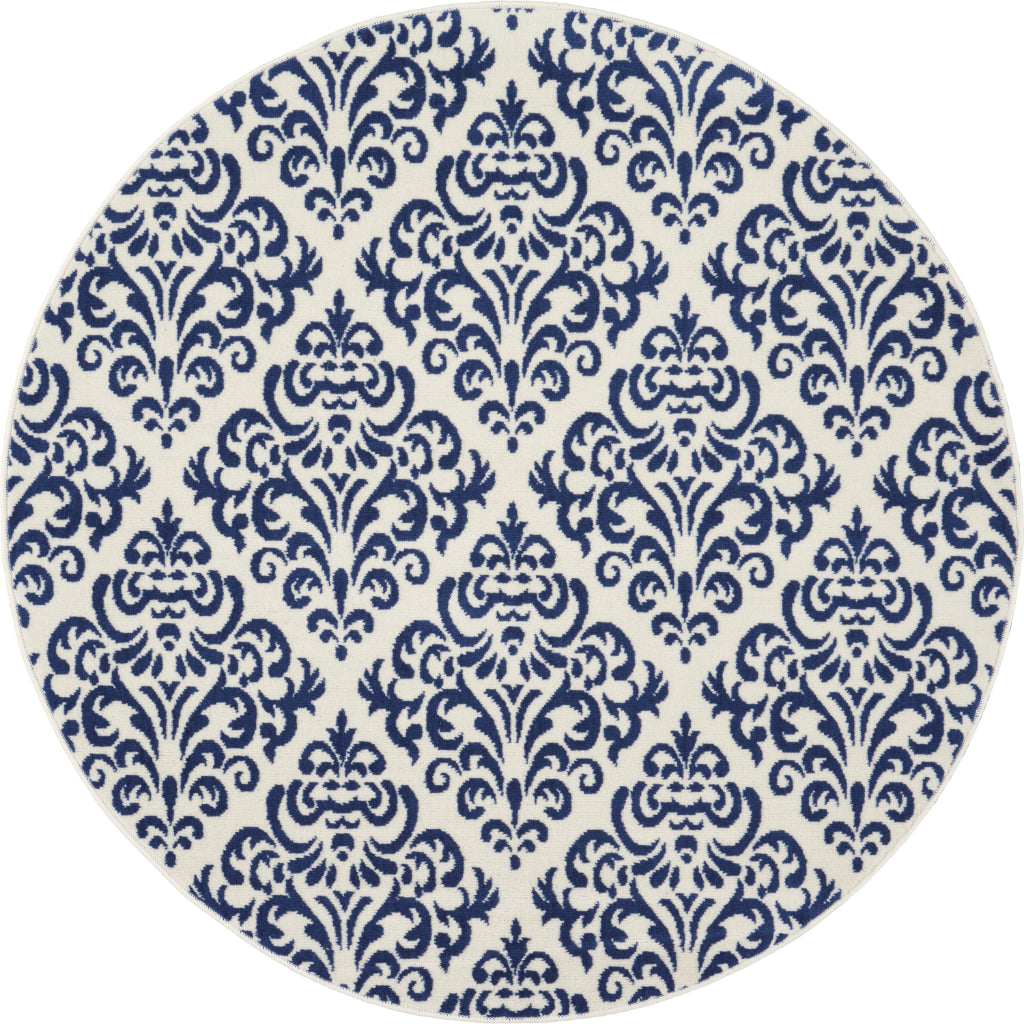 Nourison Home Grafix GRF06 Blue Round Indoor Area Rug - Power Loomed Medium Pile Rug with Damask Pattern-
