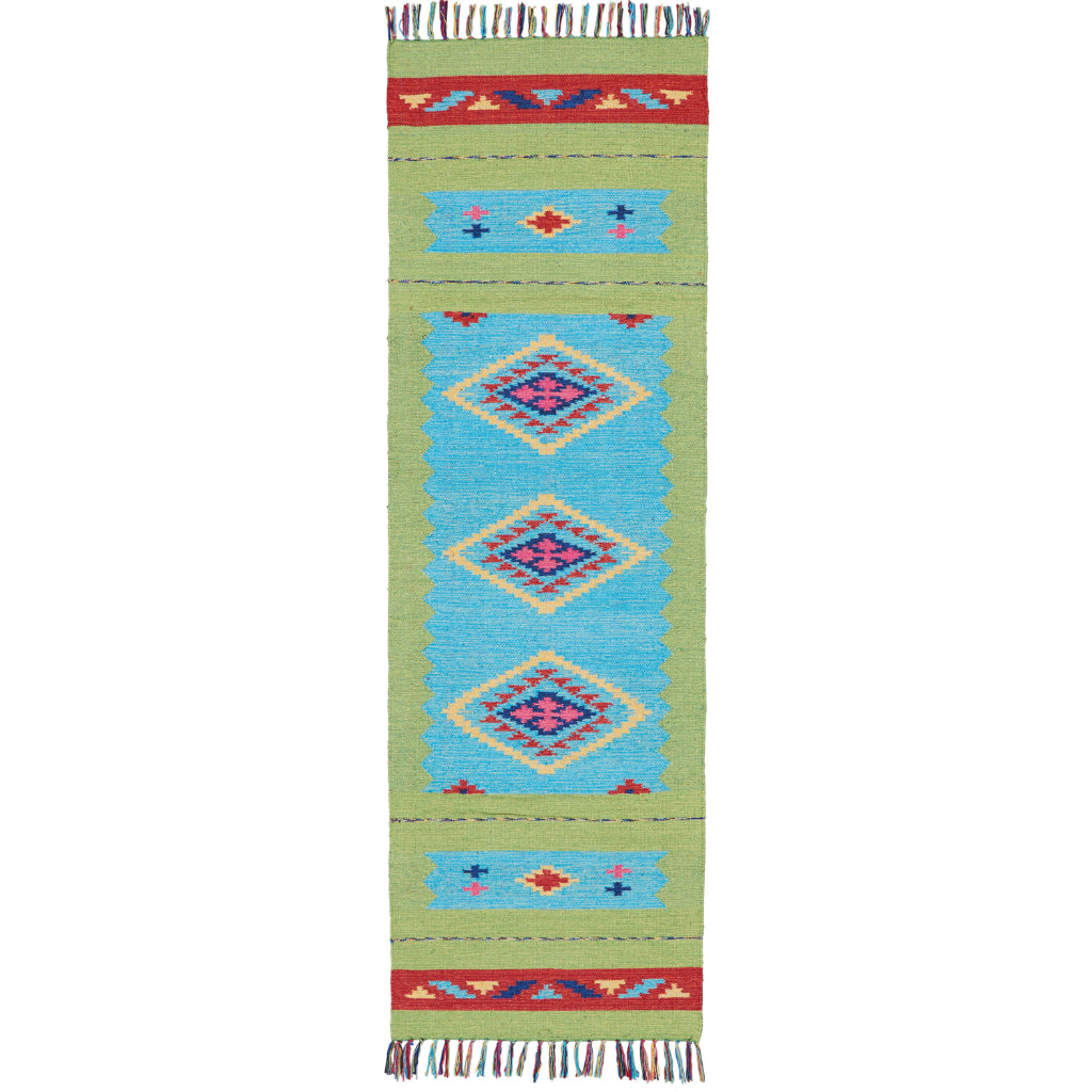 Nourison Home Baja BAJ02 Handmade Multicolor Runner - Reversible Indoor Southwestern Runner with Blue &amp; Green Background