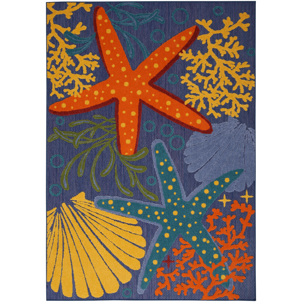 Nourison Home Aloha ALH24 Machine Made Multicolor Rectangle Area Rug - Stain Resistant Indoor & Outdoor Low Pile Rug with Blue Background-