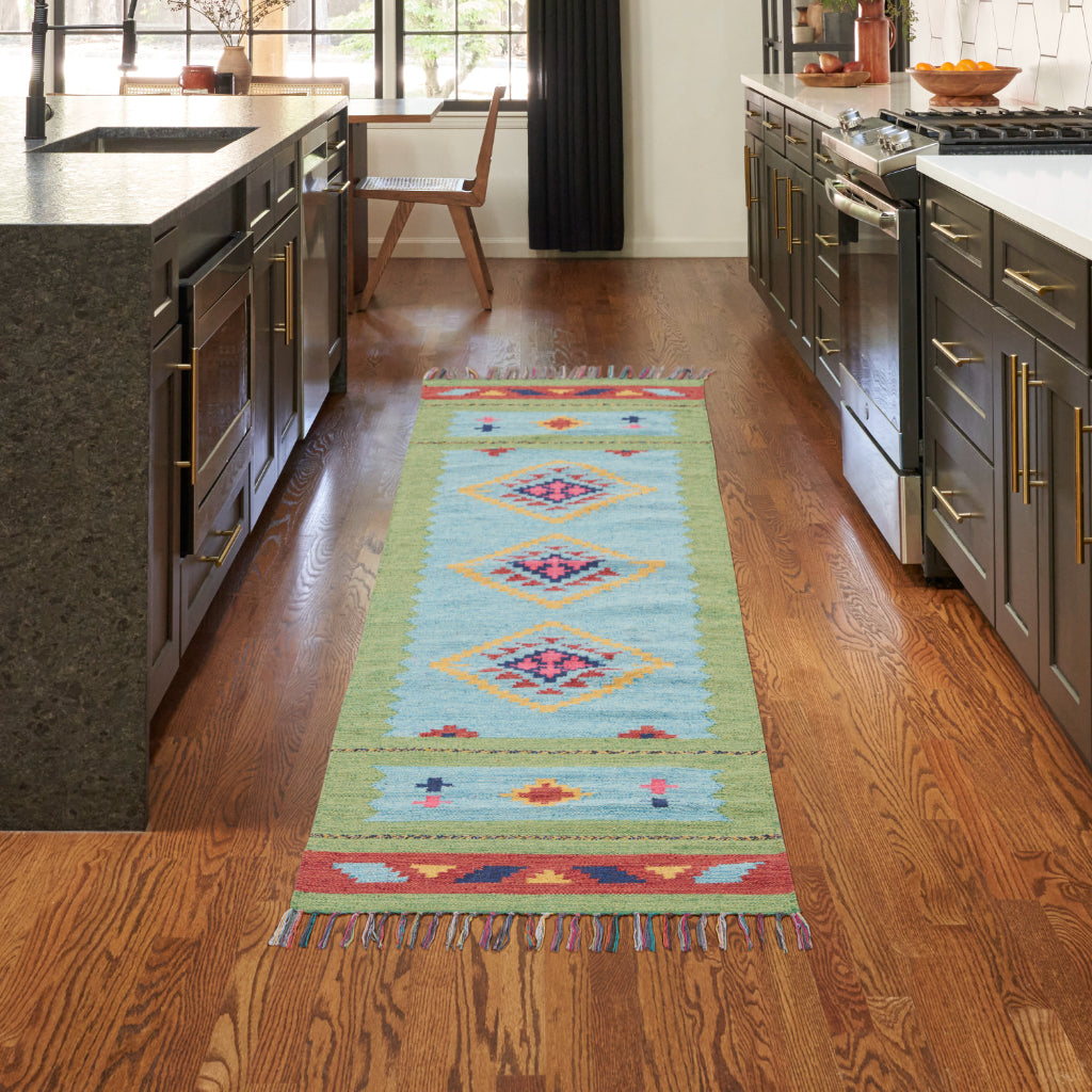 Nourison Home Baja BAJ02 Handmade Multicolor Runner - Reversible Indoor Southwestern Runner with Blue &amp; Green Background