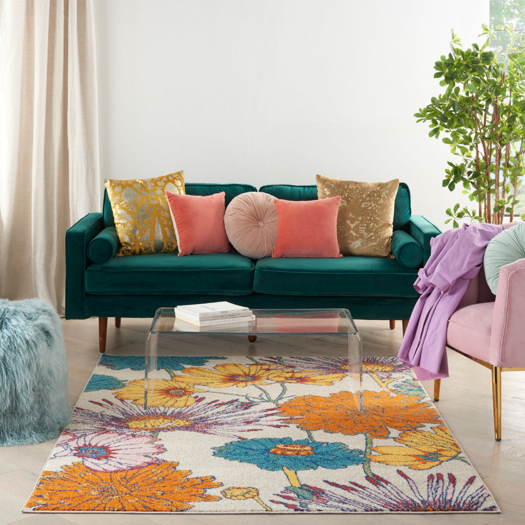 Nourison Home Allur ALR06 Multicolor Rectangle Area Rug - Power Loomed Indoor Low Pile Floral Rug with White Background-