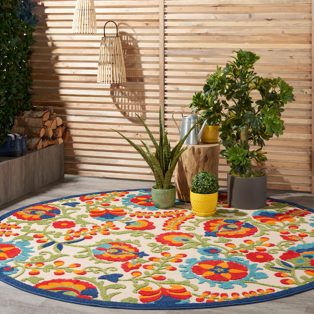 Nourison Home Aloha ALH17 Machine Made Multicolor Round Area Rug - Stain Resistant Indoor &amp; Outdoor Low Pile Floral Rug with Beige Background