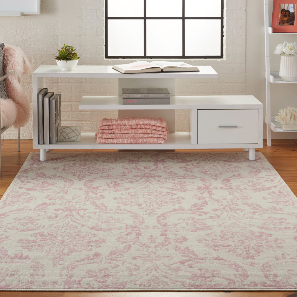 Nourison Home Jubilant JUB09 Pink Rectangle Indoor Area Rug - Classic Damask Pattern Medium Pile Rug-