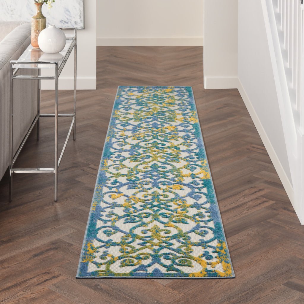 Nourison Home Aloha ALH21 Machine Made Blue Runner - Stain Resistant Indoor & Outdoor Low Pile Runner with Yellow Accent-