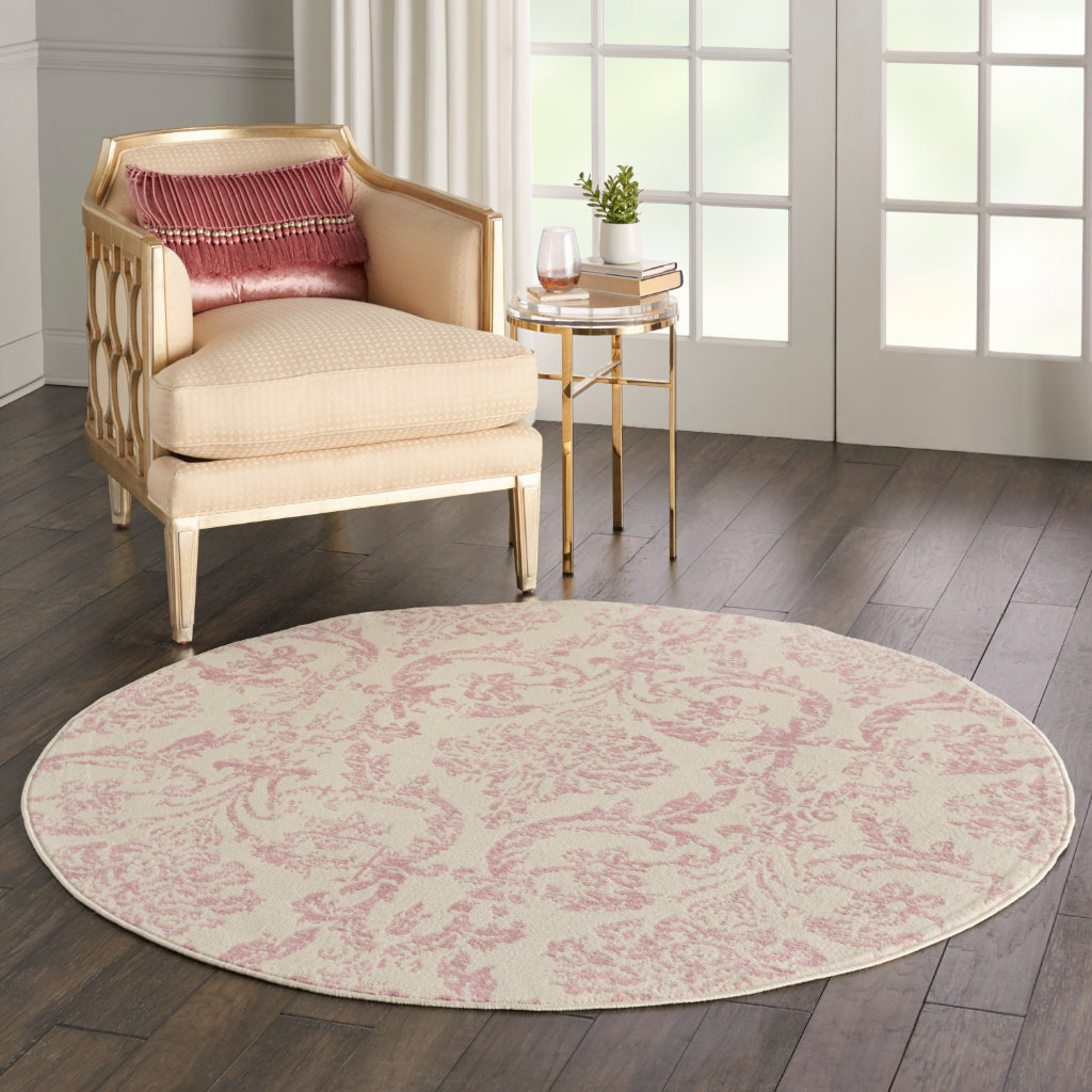 Nourison Home Jubilant JUB09 Pink Round Indoor Area Rug - Classic Damask Pattern Medium Pile Rug-
