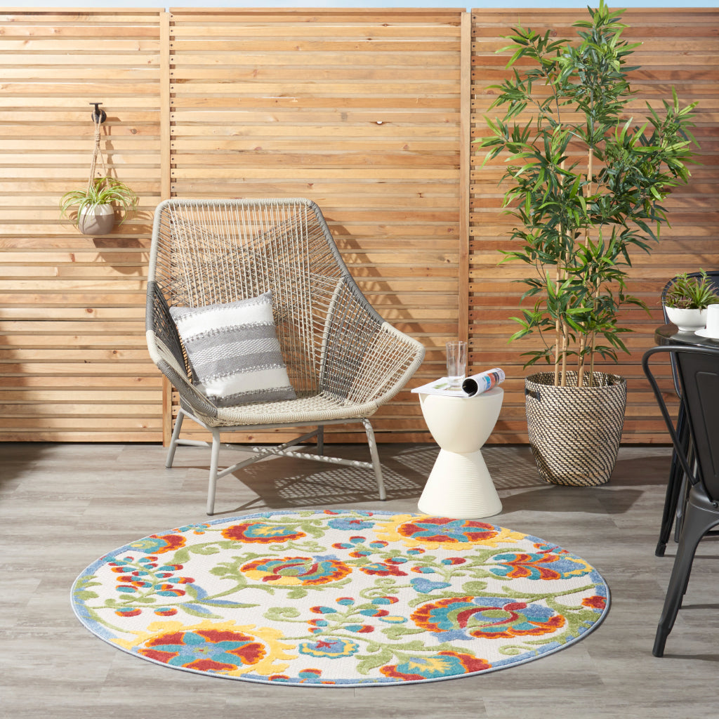 Nourison Home Aloha ALH17 Machine Made Multicolor Round Area Rug - Stain Resistant Indoor & Outdoor Low Pile Floral Rug with Ivory Background-