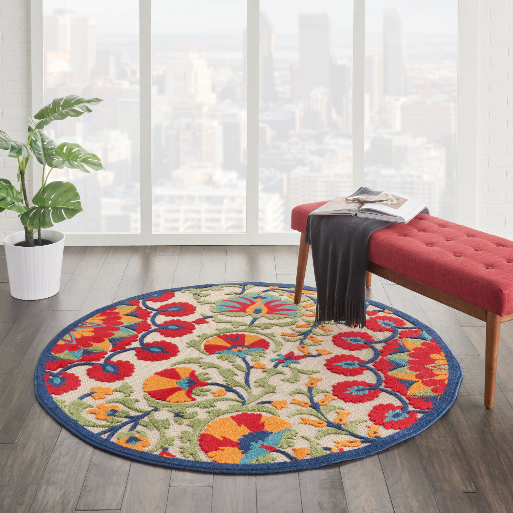 Nourison Home Aloha ALH20 Machine Made Multicolor Round Area Rug - Stain Resistant Indoor & Outdoor Low Pile Rug with Red Floral Design-