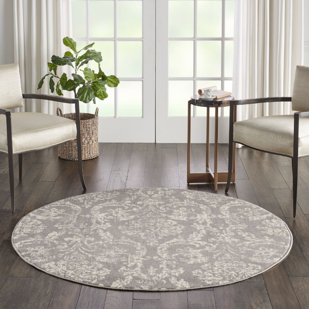 Nourison Home Jubilant JUB09 Gray Round Indoor Area Rug - Classic Damask Pattern Medium Pile Rug-
