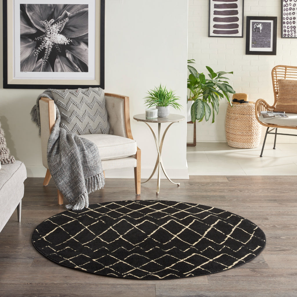 Nourison Home Grafix GRF04 Black Round Indoor Area Rug - Power Loomed Medium Pile Bohemian Rug-