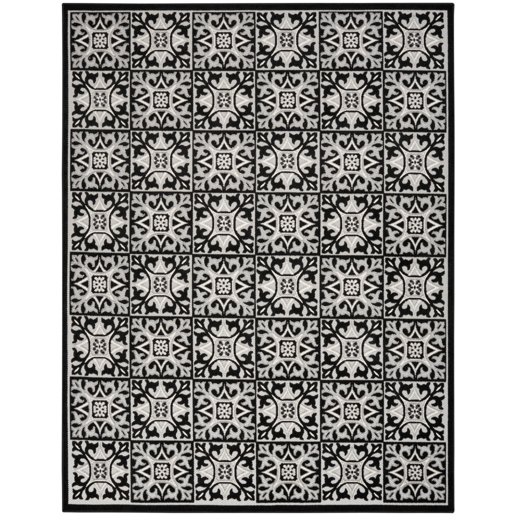 Nourison Home Aloha ALH34 Machine Made Two-Color Rectangle Area Rug - Stain Resistant Low Pile Rug with Black Ornate Geometric Pattern-
