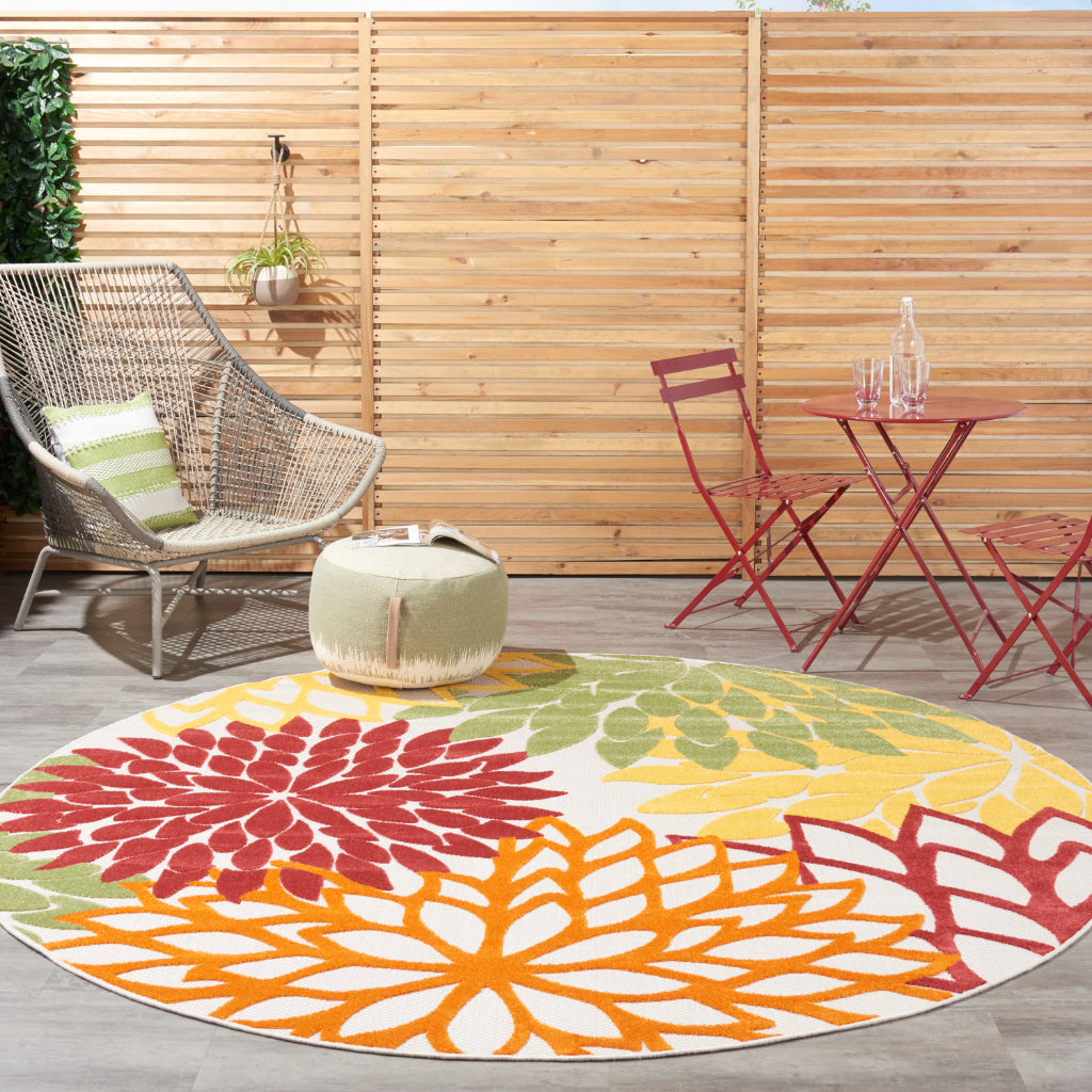 Nourison Home Aloha ALH05 Machine Made Multicolor Round Area Rug - Stain Resistant Indoor &amp; Outdoor Low Pile Rug with Red Floral Design