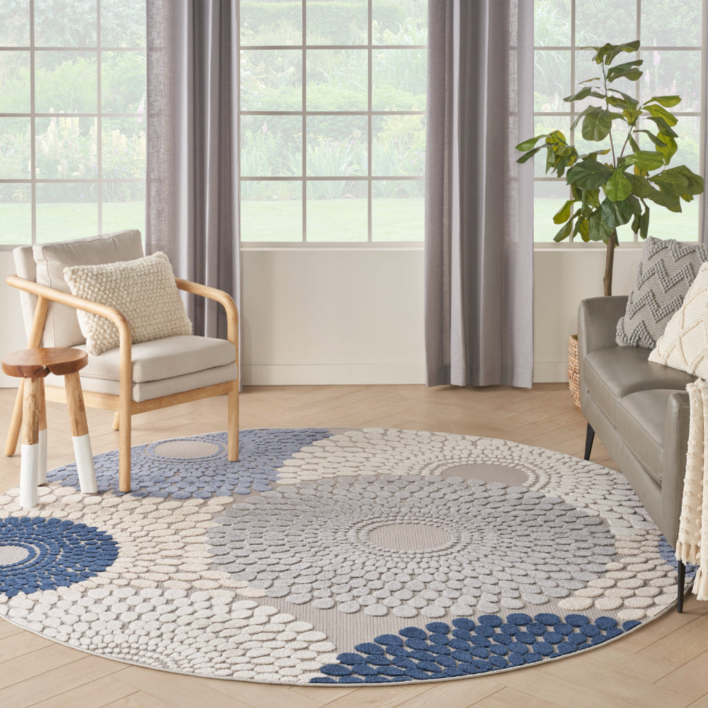 Nourison Home Aloha ALH29 Machine Made Multicolor Round Area Rug - Stain Resistant Indoor/Outdoor Rug with Blue & Gray Circle Pattern-