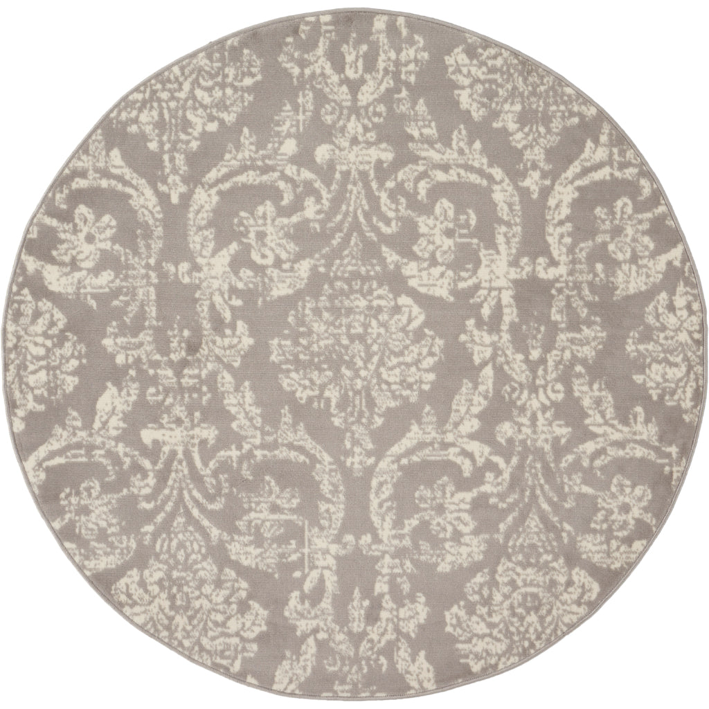 Nourison Home Jubilant JUB09 Gray Round Indoor Area Rug - Classic Damask Pattern Medium Pile Rug-