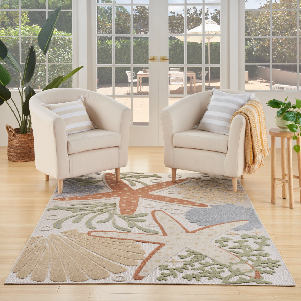 Nourison Home Aloha ALH24 Machine Made Multicolor Rectangle Area Rug - Stain Resistant Indoor & Outdoor Low Pile Rug with Ivory Background-