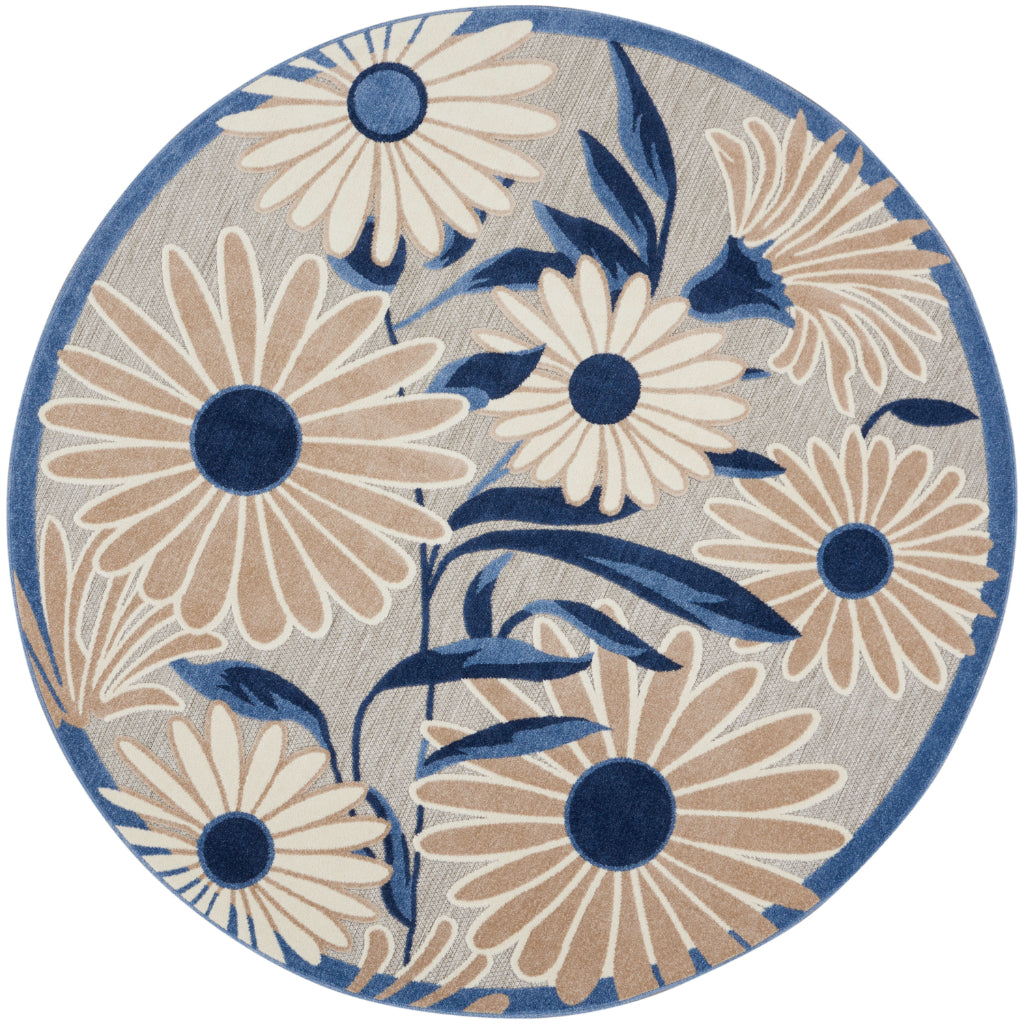 Nourison Home Aloha ALH33 Machine Made Multicolor Round Area Rug - Stain Resistant Indoor & Outdoor Low Pile Rug with Blue-Gray Floral Design-
