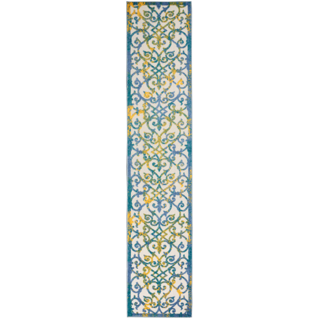 Nourison Home Aloha ALH21 Machine Made Blue Runner - Stain Resistant Indoor & Outdoor Low Pile Runner with Yellow Accent-