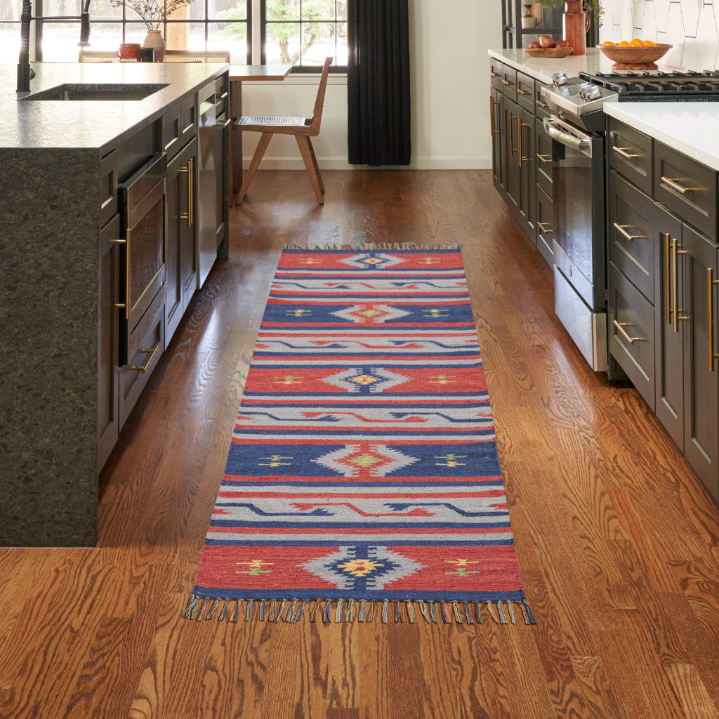 Nourison Home Baja BAJ03 Handmade Multicolor Runner - Reversible Indoor Runner with Blue & Red Stripes-