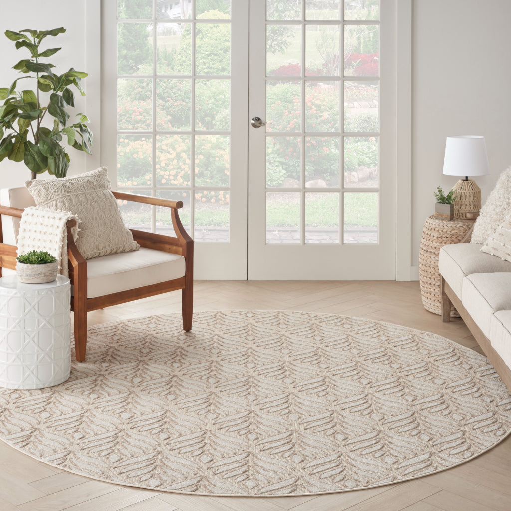Nourison Home Aloha ALH35 Machine Made Beige Round Area Rug - Stain Resistant Indoor/Outdoor Rug with Ivory Leaf Pattern-