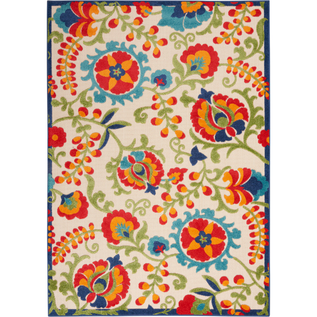 Nourison Home Aloha ALH17 Machine Made Multicolor Rectangle Area Rug - Stain Resistant Indoor & Outdoor Low Pile Floral Rug with Beige Background-