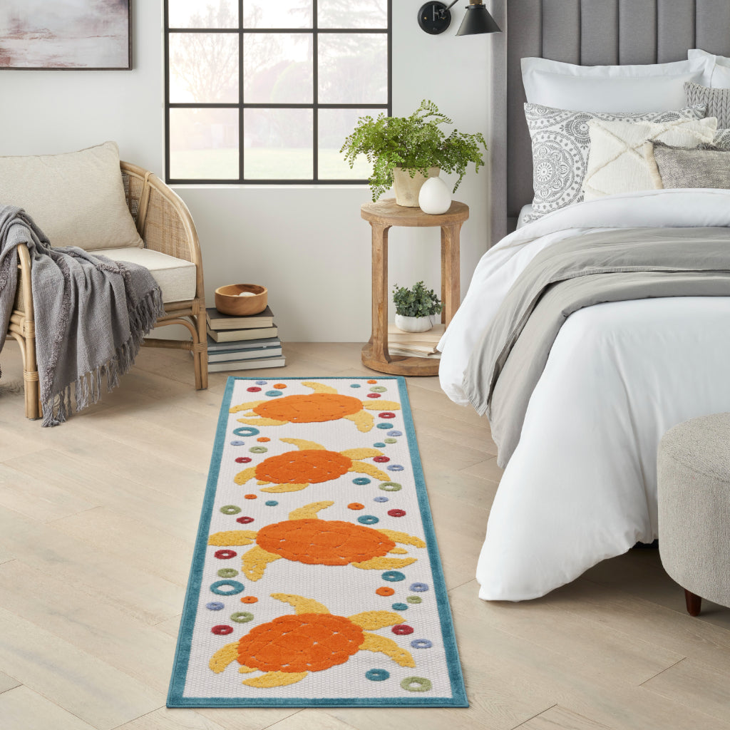 Nourison Home Aloha ALH27 Multicolor Runner - Stain Resistant Indoor / Outdoor Runner with Orange Sea Turtles Design-