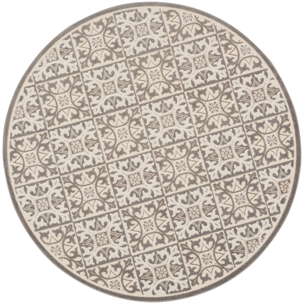 Nourison Home Aloha ALH34 Machine Made Multicolor Round Area Rug - Stain Resistant Low Pile Rug with Gray Ornate Geometric Pattern-