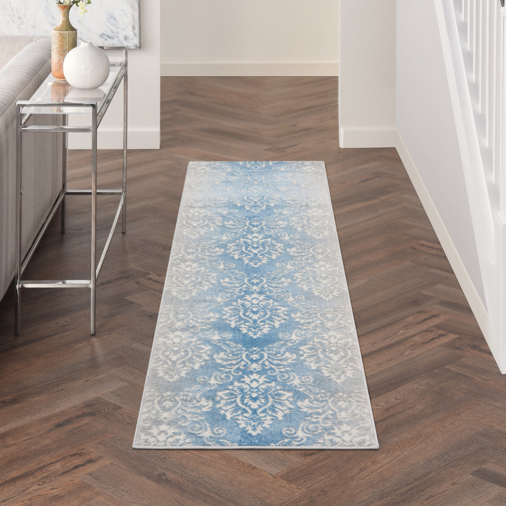 Nourison Home Elation ETN03 Blue Indoor Runner - Power Loomed Low Pile Hallway Runner with White & Blue Floral Design-