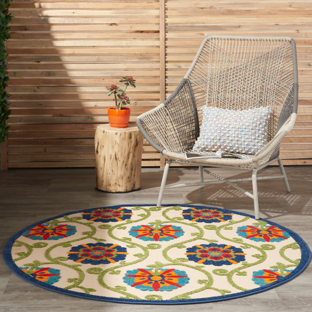 Nourison Home Aloha ALH19 Machine Made Multicolor Round Area Rug - Stain Resistant Indoor & Outdoor Low Pile Floral Rug with Cream Background-